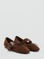 Mango Brown Suede Buckle Detail Ballet Flats - Image 2 of 7