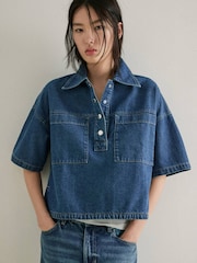 Mango Blue Denim Short Sleeve Shirt - Image 1 of 7