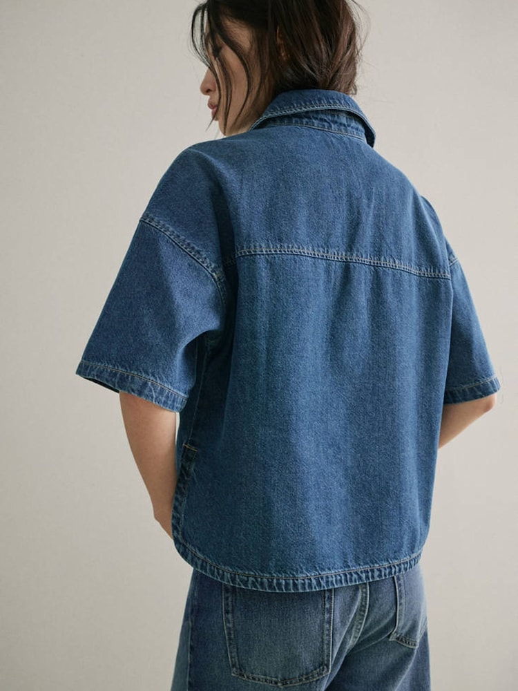 Mango Blue Denim Short Sleeve Shirt - Image 2 of 7
