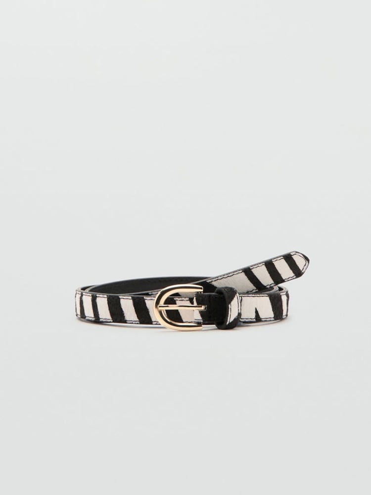 Mango Black Zebra Leather Buckle Skinny Belt - Image 1 of 3