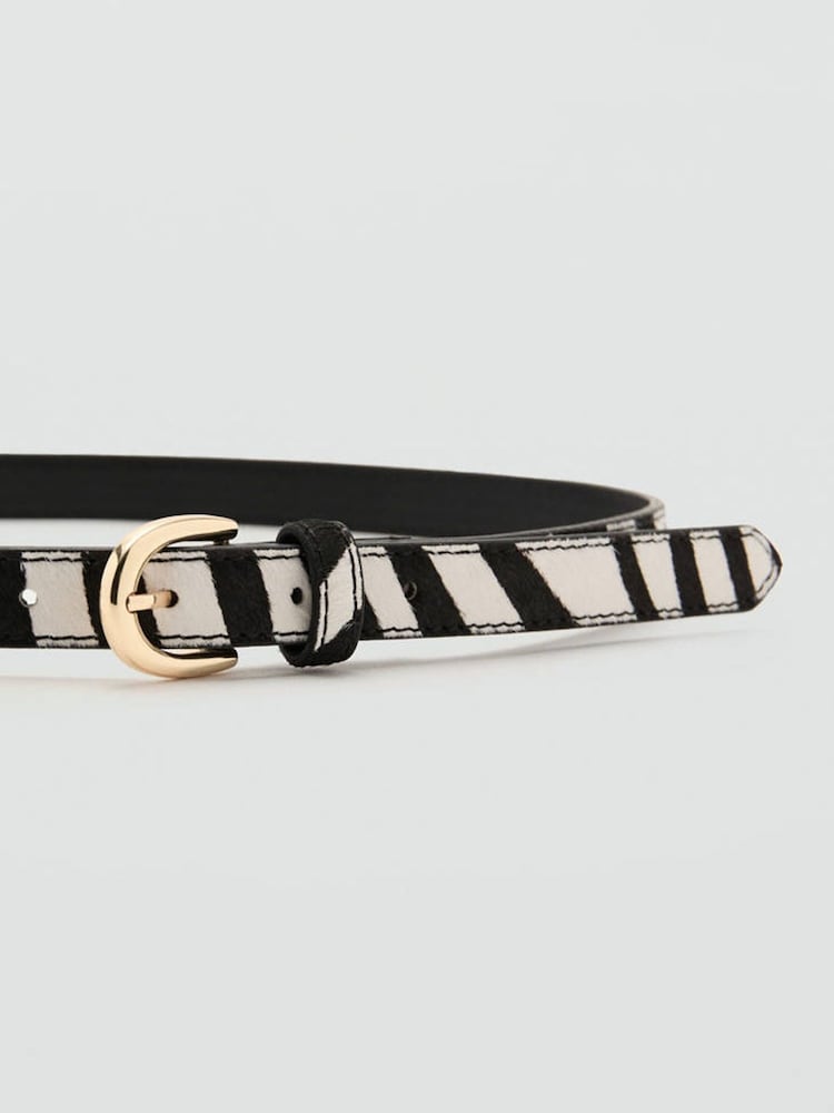 Mango Black Zebra Leather Buckle Skinny Belt - Image 2 of 3