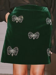 Love & Roses X V&A Forest Green Velvet Bow Embellished A Line Skirt - Image 1 of 5