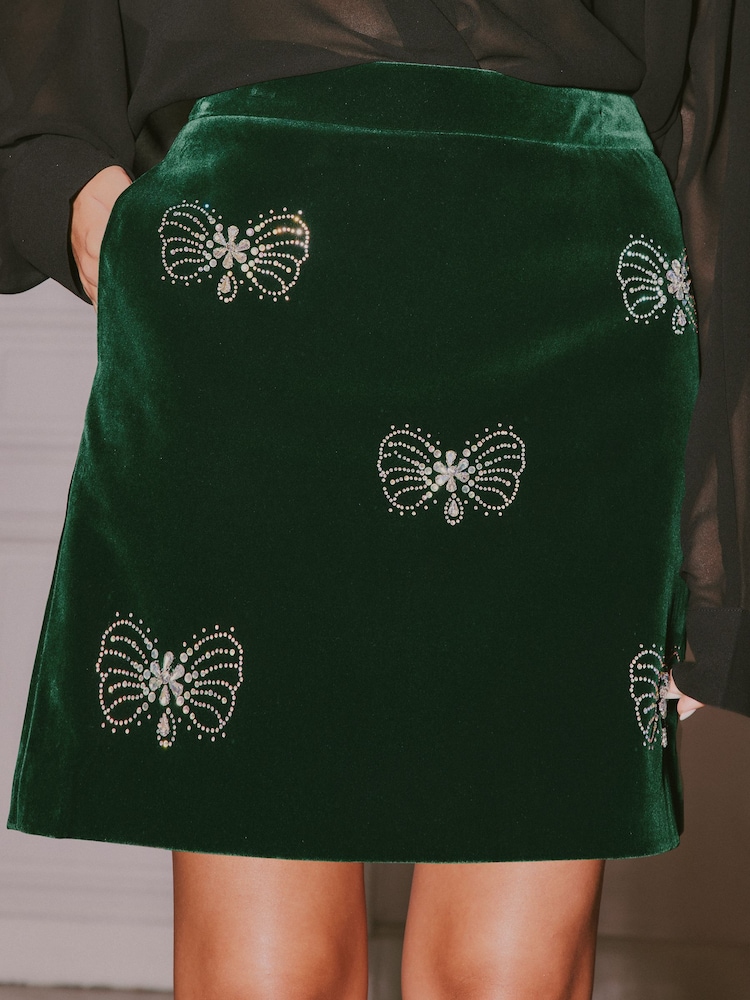 Love & Roses X V&A Forest Green Velvet Bow Embellished A Line Skirt - Image 1 of 5