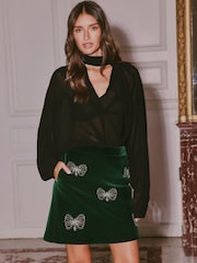 Love & Roses X V&A Forest Green Velvet Bow Embellished A Line Skirt - Image 2 of 5