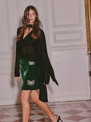 Love & Roses X V&A Forest Green Velvet Bow Embellished A Line Skirt - Image 4 of 5
