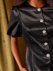 Crno - Love & Roses Tailored Floral Button Satin Puff Sleeve Top - Slika 3 od 6