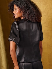 Crno - Love & Roses Tailored Floral Button Satin Puff Sleeve Top - Slika 5 od 6