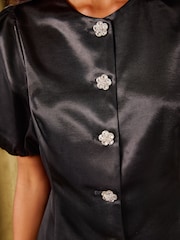 Crno - Love & Roses Tailored Floral Button Satin Puff Sleeve Top - Slika 6 od 6