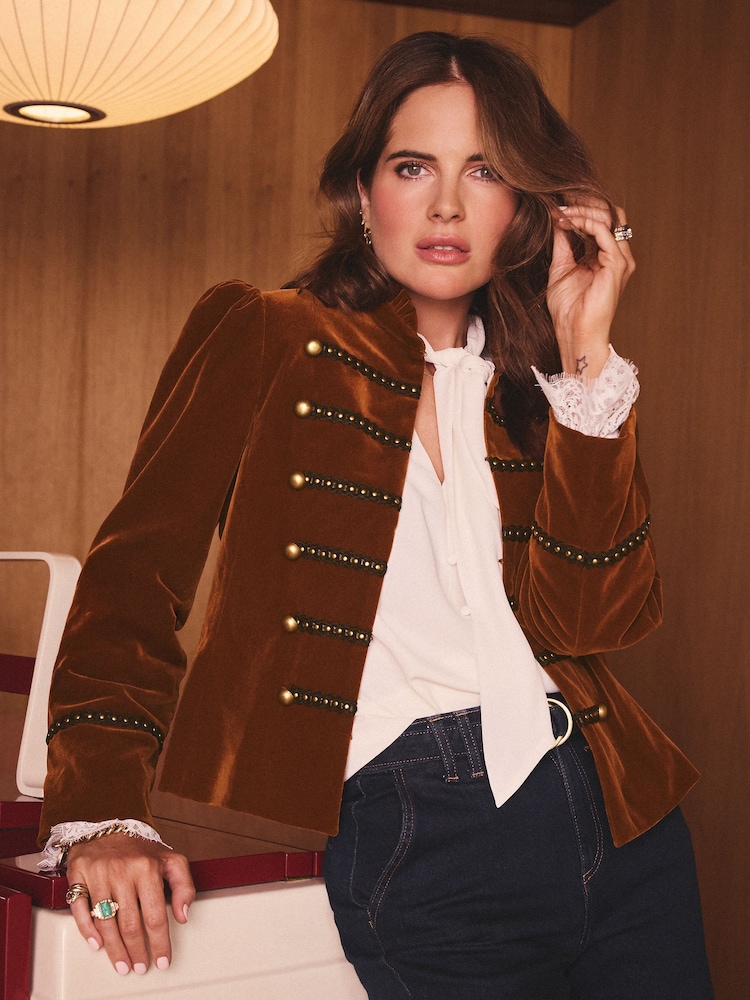 Rust Brown - Love & Roses Velvet Frogging Detail Jacket - Imagem 1 de 4