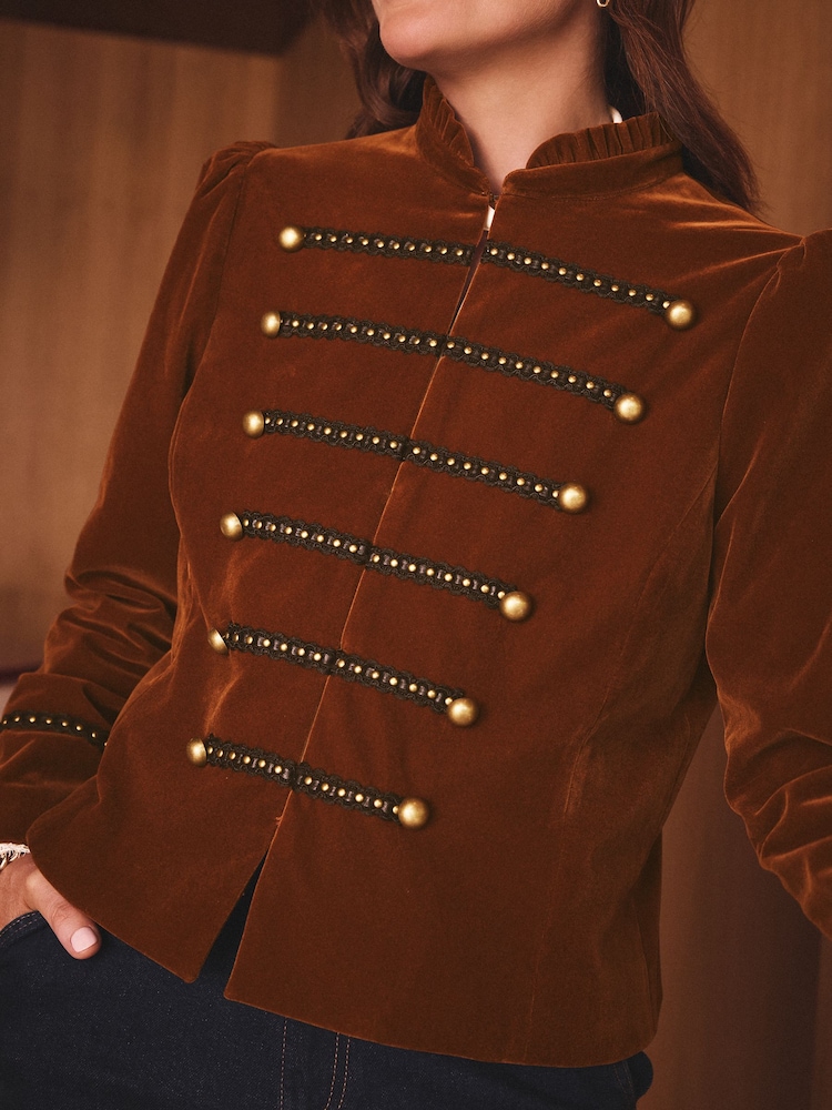 Rust Brown - Love & Roses Velvet Frogging Detail Jacket - Imagem 2 de 4