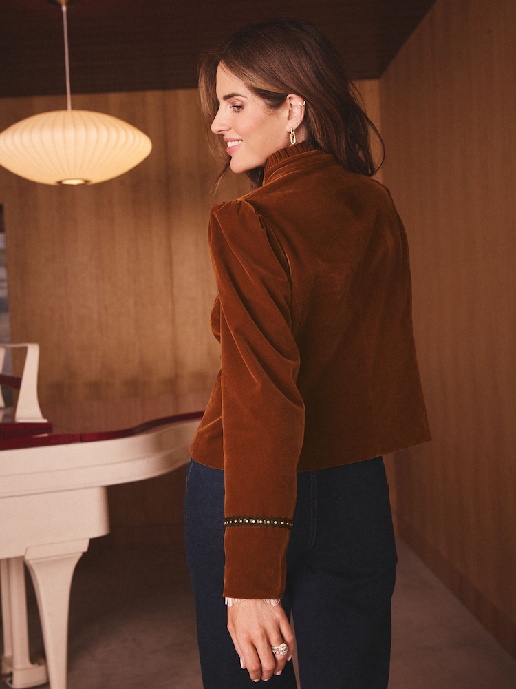 Rust Brown - Love & Roses Velvet Frogging Detail Jacket - Imagem 4 de 4