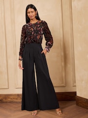Love & Roses Black Tailored Floral Burnout 2in1 Long Sleeve Jumpsuit - Image 1 of 5