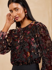 Love & Roses Black Tailored Floral Burnout 2in1 Long Sleeve Jumpsuit - Image 2 of 5