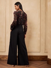 Love & Roses Black Tailored Floral Burnout 2in1 Long Sleeve Jumpsuit - Image 4 of 5