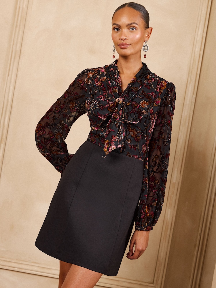 Love & Roses Black Tailored Floral Burnout 2in1 Long Sleeve  Mini Dress - Image 1 of 5