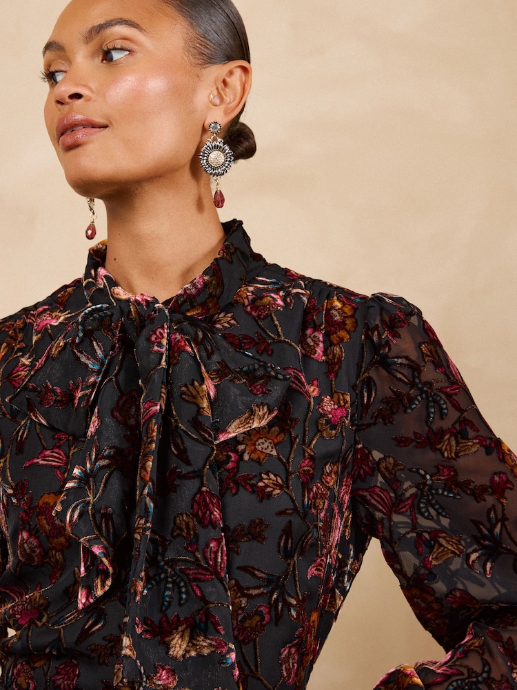 Love & Roses Black Tailored Floral Burnout 2in1 Long Sleeve  Mini Dress - Image 2 of 5