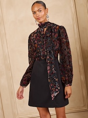 Love & Roses Black Tailored Floral Burnout 2in1 Long Sleeve  Mini Dress - Image 4 of 5