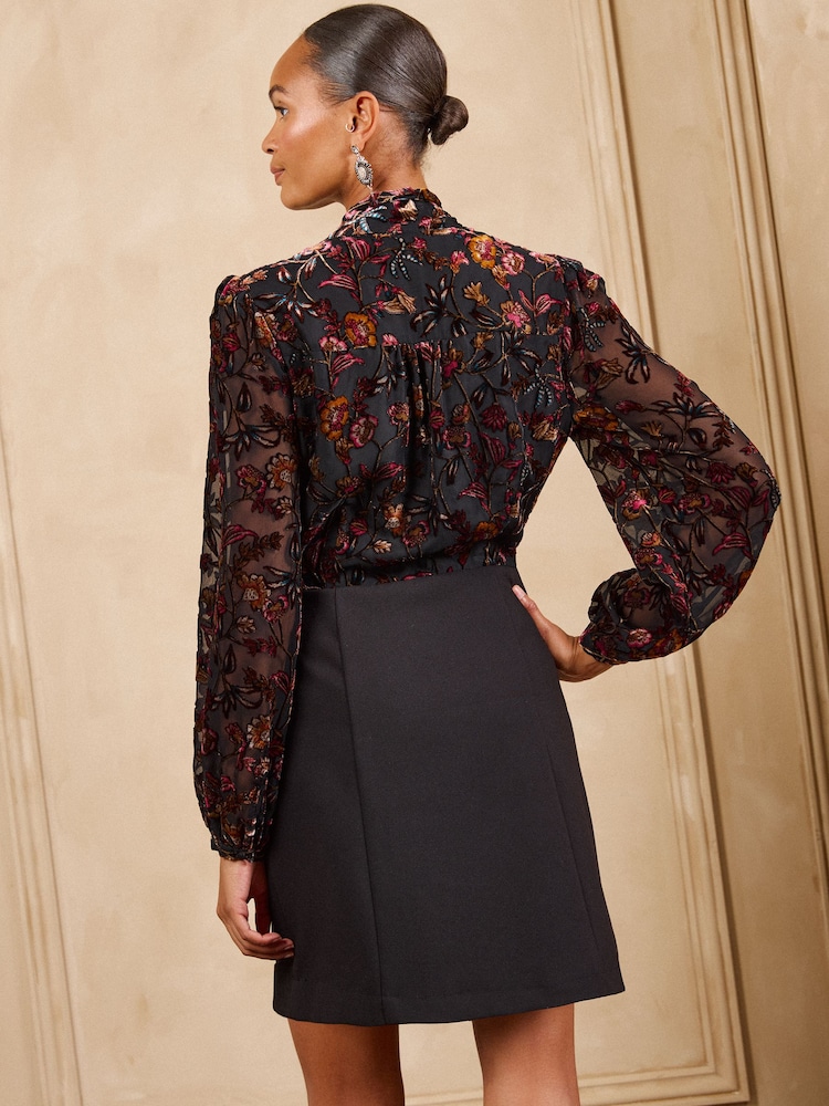 Love & Roses Black Tailored Floral Burnout 2in1 Long Sleeve  Mini Dress - Image 5 of 5