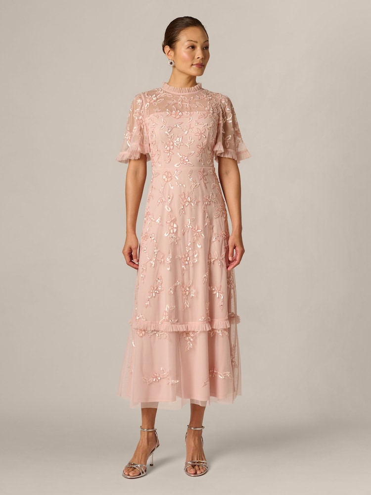 Adrianna Papell Pink Ruffle Trim Bead Mesh Dress - Image 1 of 6