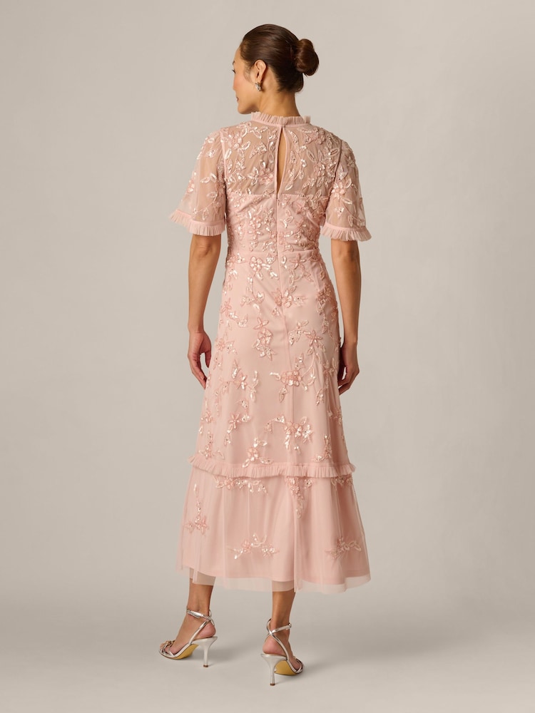 Adrianna Papell Pink Ruffle Trim Bead Mesh Dress - Image 2 of 6