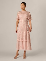 Adrianna Papell Pink Ruffle Trim Bead Mesh Dress - Image 3 of 6