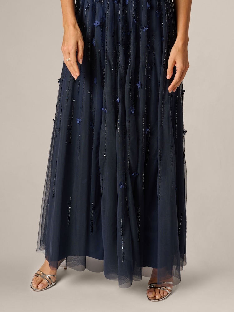 adrianna papell navy beaded dress Adrianna Papell 40467 Beaded A-Line Long Sleeve Dress