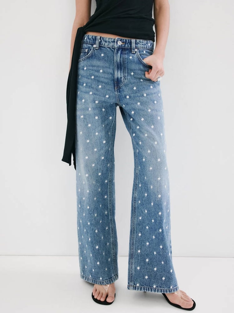 Mango Blue Polka Dot Wide Leg Denim Trousers - Image 1 of 8