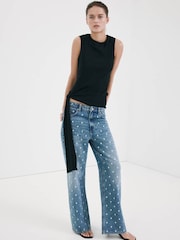Mango Blue Polka Dot Wide Leg Denim Trousers - Image 2 of 8