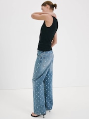 Mango Blue Polka Dot Wide Leg Denim Trousers - Image 5 of 8