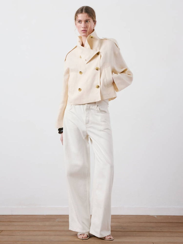 Mango Cream Linen Blend funnel Neck Jacket - Image 2 of 8