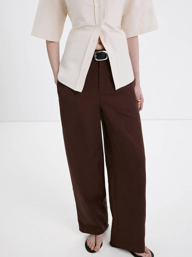Mango Brown Linen Barrel  Tailored Trousers - Image 1 of 8