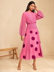 Love & Roses Pink Spot Chiffon Godet Skirt Midi Dress - Image 1 of 5