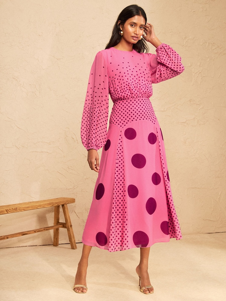Love & Roses Pink Spot Chiffon Godet Skirt Midi Dress - Image 1 of 5