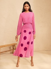 Love & Roses Pink Spot Chiffon Godet Skirt Midi Dress - Image 3 of 5