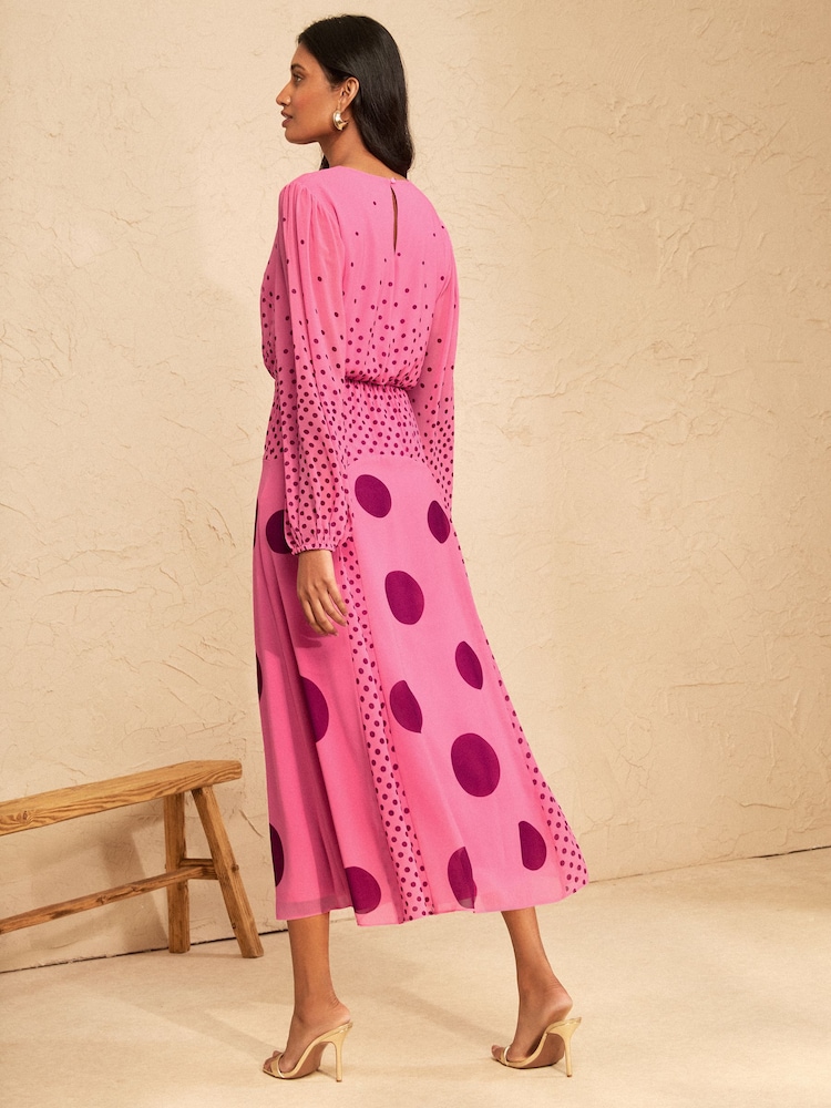 Love & Roses Pink Spot Chiffon Godet Skirt Midi Dress - Image 5 of 5