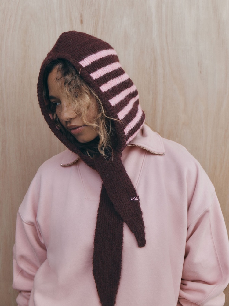 self. Berry Red Knitted Hooded Scarf - Image 1 of 2