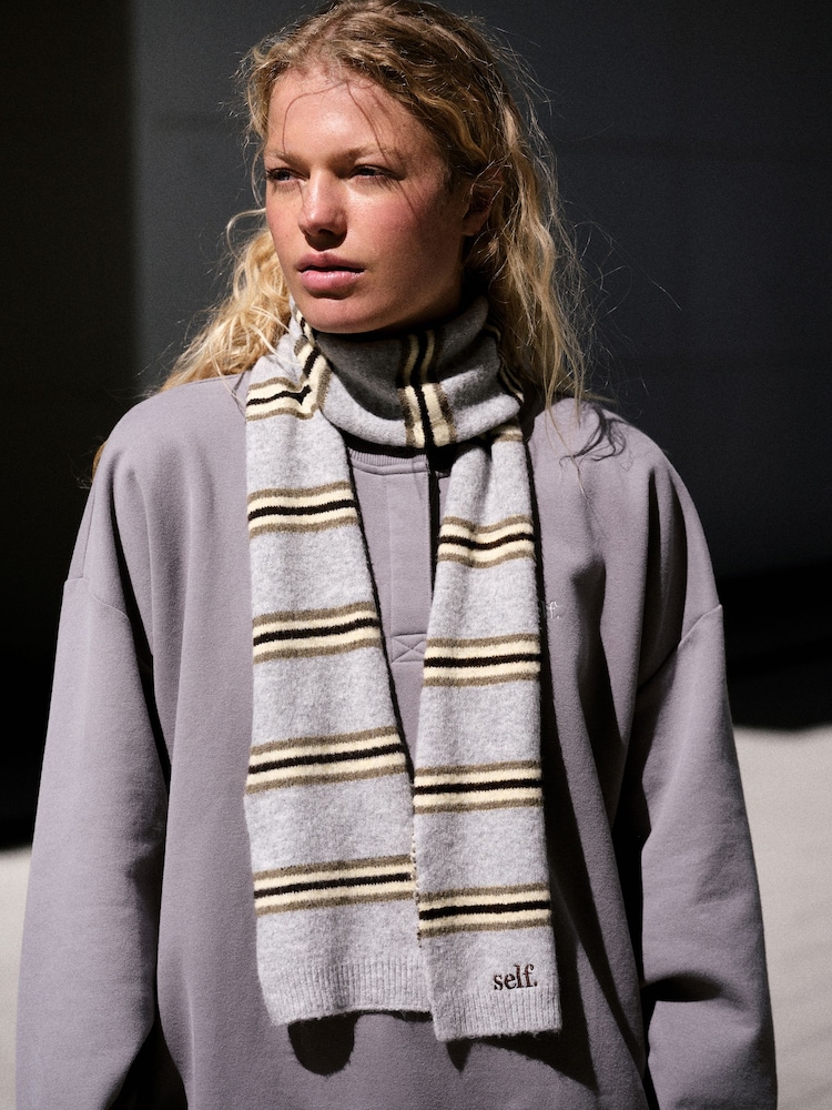 self. Grey/Ecru Stripe Knitted Scarf - Image 1 of 7
