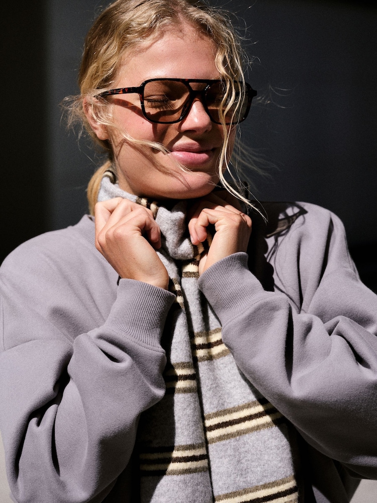 self. Grey/Ecru Stripe Knitted Scarf - Image 2 of 7