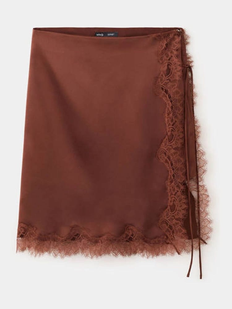 Mango Orange Satin Lace Midi Skirt - Image 1 of 3 Mango Orange Satin Lace Midi Skirt - Image 1 of 3