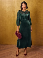 Орман жасылы - Love & Roses Lace Velvet Midi Tea Dress - 6суретінің 1 суреті