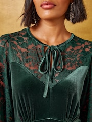 Орман жасылы - Love & Roses Lace Velvet Midi Tea Dress - 6суретінің 4 суреті