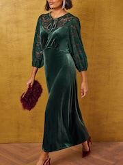 Орман жасылы - Love & Roses Lace Velvet Midi Tea Dress - 6суретінің 5 суреті