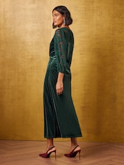 Орман жасылы - Love & Roses Lace Velvet Midi Tea Dress - 6суретінің 6 суреті