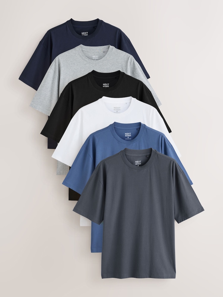 Black/Slate/Grey Marl/White/Navy/Blue Relaxed Fit Essential Cotton T-Shirts 6 Pack - Image 1 of 8 Black/Slate/Grey Marl/White/Navy/Blue Relaxed Fit Essential Cotton T-Shirts 6 Pack - Image 1 of 8