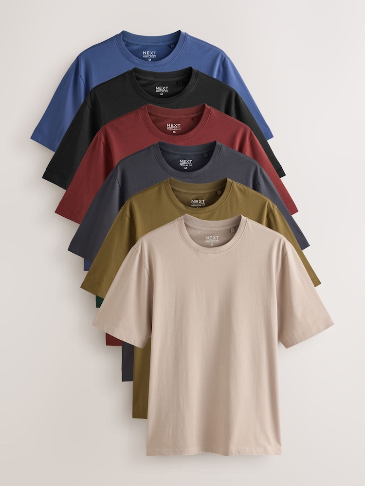 Black/Stone/Grey/Green/Red/Blue Regular Fit Essential Cotton T-Shirts 6 Pack - Image 1 of 15