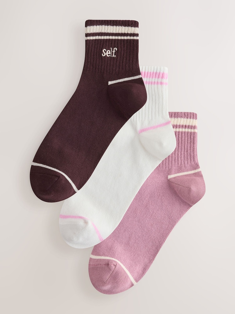 self. Berry Red Ribbed Contrast Stripe Socks 3 Pack - Image 1 of 6