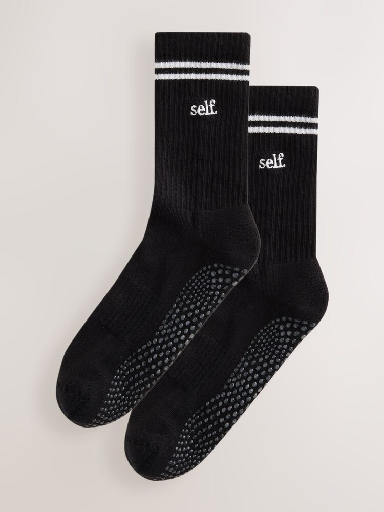 self. Black Ribbed Grippy Pilates Ankle Socks - Image 1 of 3