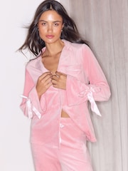 Lipsy Pink Velvet Button Through Bow Embroidered Detail Pyjamas Set - Image 1 of 6