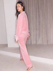 Lipsy Pink Velvet Button Through Bow Embroidered Detail Pyjamas Set - Image 4 of 6