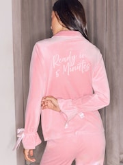 Lipsy Pink Velvet Button Through Bow Embroidered Detail Pyjamas Set - Image 5 of 6